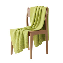 Minimal wooden chair draped with a soft green blanket, perfect for cozy interior styling, modern home decor, and furniture presentation, isolated on a transparent background, png, cutout