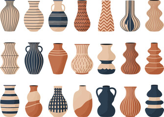 Collection of twenty decorative ceramic vases with unique abstract patterns and earthy tones for interior design inspiration