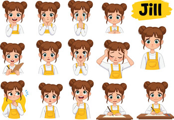 Collection of diverse cartoon girl jill expressions showing emotions like happiness sadness anger surprise and confusion