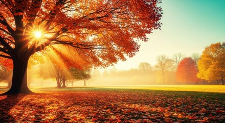 Brilliant autumn sunburst shining through the vibrant orange foliage of a large tree casting long shadows over a field covered in fallen leaves during a misty morning