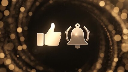 A gold-toned, abstract animation showing a thumbs-up & bell icon, with cursor, surrounded by bokeh - Powered by Adobe