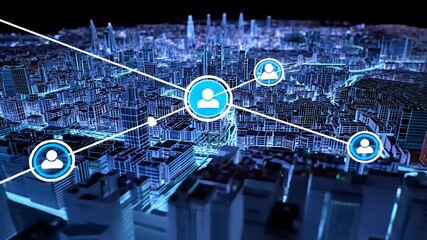 Digital cityscape with glowing buildings and a user icon, highlighting urban connectivity and technology - Powered by Adobe