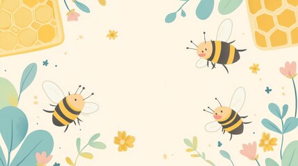 77.A charming World Bee Day illustration with cartoon bees, honeycombs, and small colorful flowers, all framed in a light yellow and green background, conveying a sense of joy and appreciation for