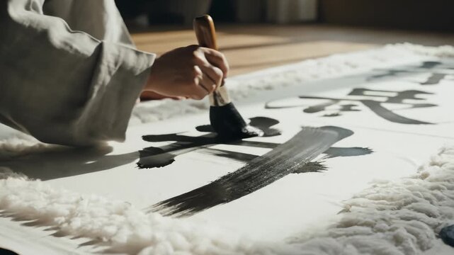 Calligrapher Painting Chinese Characters on Paper With Brush, Close Up