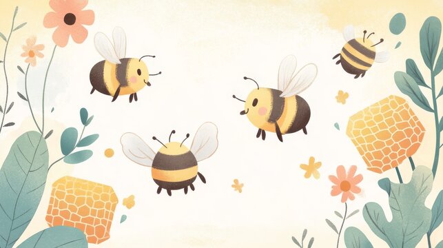 77.A charming World Bee Day illustration with cartoon bees, honeycombs, and small colorful flowers, all framed in a light yellow and green background, conveying a sense of joy and appreciation for