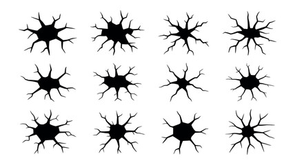 Twelve Black Starburst Crack Patterns on White Background