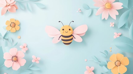 26.A clean, modern vector template for World Bee Day featuring a cute bee with wings spread wide, surrounded by flowers and soft, pastel hues, ready for use in event banners and promotional materials.