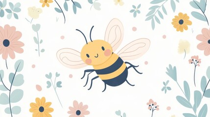 26.A clean, modern vector template for World Bee Day featuring a cute bee with wings spread wide, surrounded by flowers and soft, pastel hues, ready for use in event banners and promotional materials.