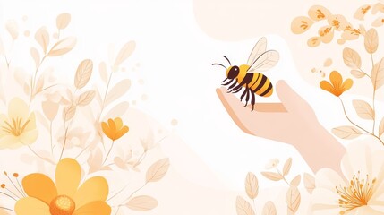 10.A joyful vector graphic of a hand lifting a honey bee off the ground, surrounded by light-colored flowers and soft gradients, embodying the spirit of conservation for World Bee Day in a clean,