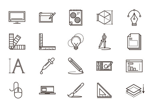 Black And White Design Graphic Creative Tools Outline Icons Set