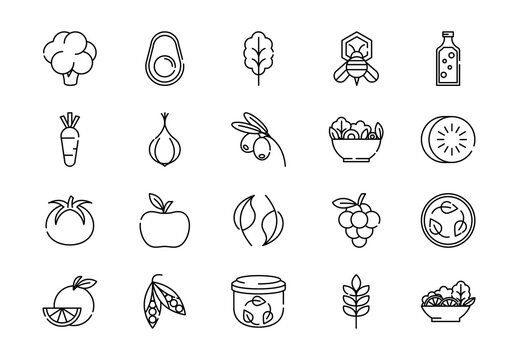 Black And White Vegetarian Organic Healthy Food Nutrition Line Icons Set