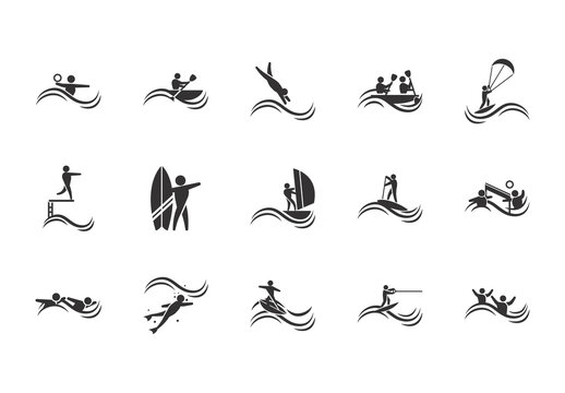 Black And White Water Sport Silhouette Surf Sailing Icons Set
