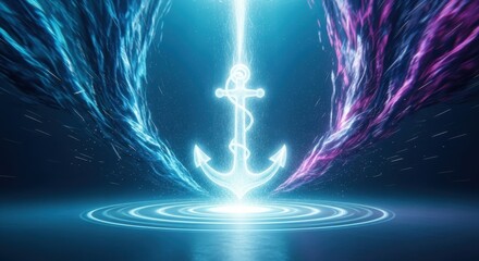 Neon Anchor Symbol with Abstract Waves and Circular Reflections.