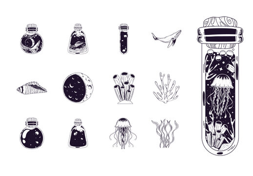 Black Surreal Whale Marine Life Creatures Sea Illustrations Set