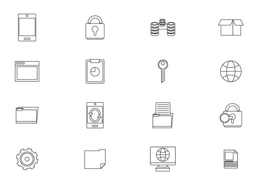 Black And White Thin Line Data Protection And Web Line Icons Set