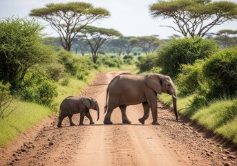 Elephant and calf crossing a dirt road in a savanna landscape setting