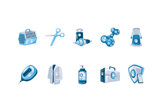 Blue And Gray Veterinary Tools Medical Kit Pet Icons Set