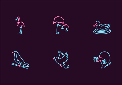 Blue And Pink Neon Birds Animals Icons Set