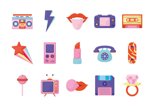 Colorful 90s Retro Pop Fashion Illustrations Set
