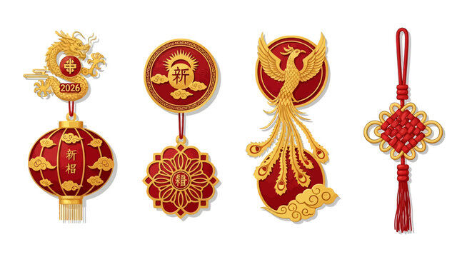 Ornate Golden Dragon Phoenix Lantern and Knot: Auspicious Chinese New Year Decorations Set with Red Accents.