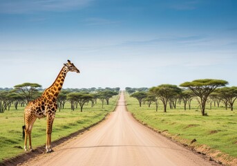 Giraffe standing beside a dirt road in the african savanna landscape