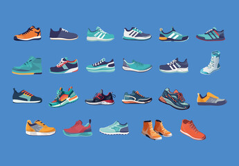 Colorful Sneakers Sport Shoes Athletic Illustrations Set