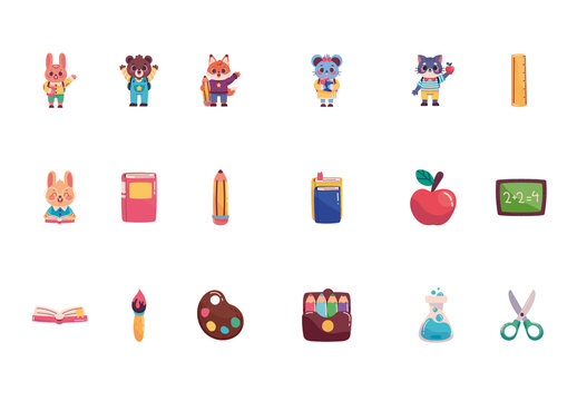 Colorful Back To School Animals Education Supplies Illustrations Set