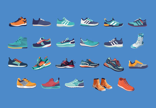 Colorful Sneakers Sport Shoes Athletic Illustrations Set