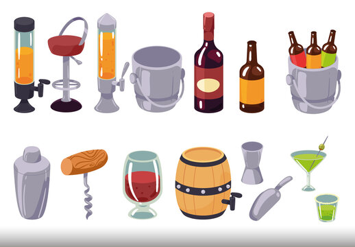 Colorful Bar Drinks Alcohol Cocktail Beverage Illustrations Set