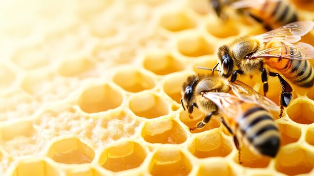 91.Concept = Bees Working on Honey Cells. Close Up Macro. World Bee Day. Copy Paste. Space for Text