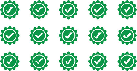  A grid of glowing green checkmark badges with a gear-like border on a dark background, suggesting approval or verification.