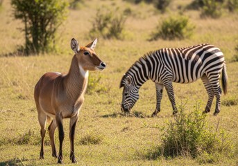 Zebra grazing near a kob antelope in a grassy african plain setting view