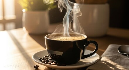 A steaming cup of coffee with a saucer and a few coffee beans on a wooden table.