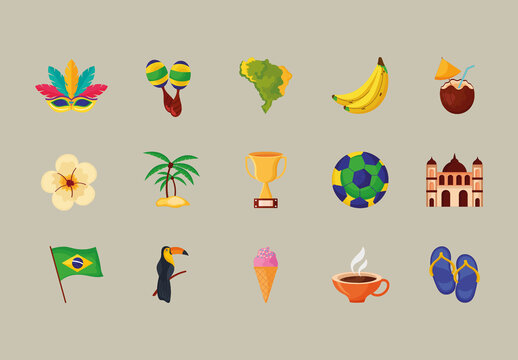 Colorful Brazil Carnival Culture Holiday Vacation Illustrations Set