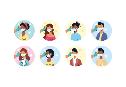 Colorful Temperature Check Health People Covid Illustrations Set