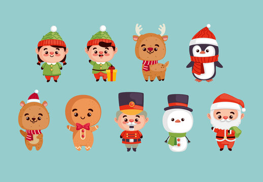 Colorful Christmas Characters Xmas Holidays Illustrations Set