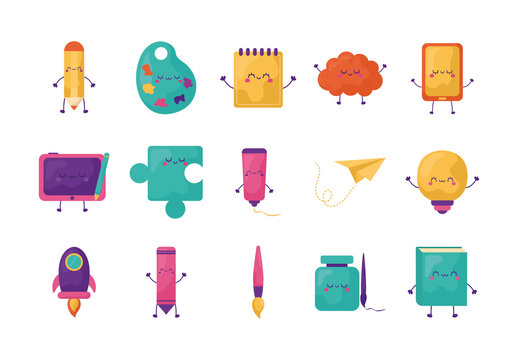 Colorful Cute Creative Art School Supplies Kawaii Illustrations Set