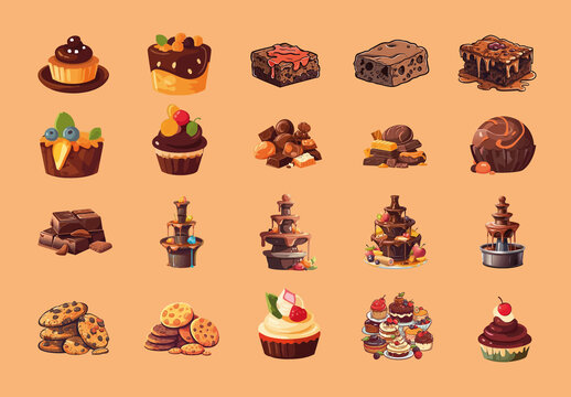 Colorful Chocolate Dessert Candy Sweets Illustrations Set