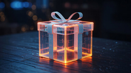 Glowing digital orange gift box with transparent wireframe design, ideal for futuristic and online rewards concept
