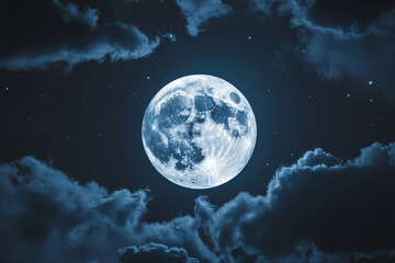 Full moon glowing in the night sky with dramatic clouds creating a mysterious landscape