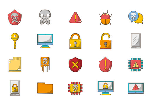 Colorful Cybersecurity Malware Lock Key Virus Protection Icons Set