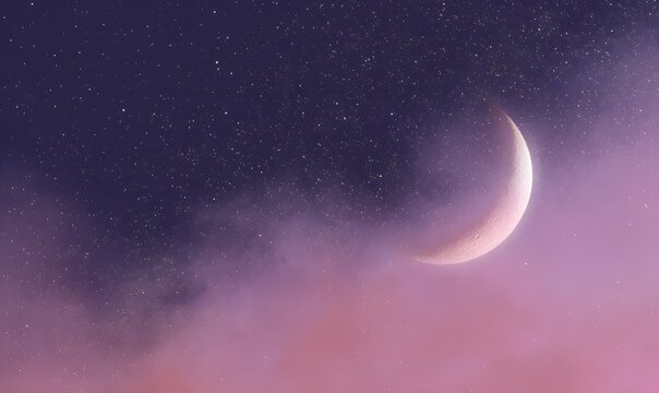 a large crescent moon on a starry background of near-black with a violet tint, accented with a soft pink-lavender glow