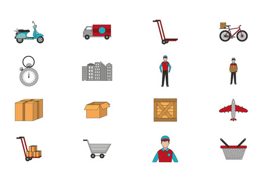 Colorful Delivery Transport Vehicle Courier Logistics Icons Set