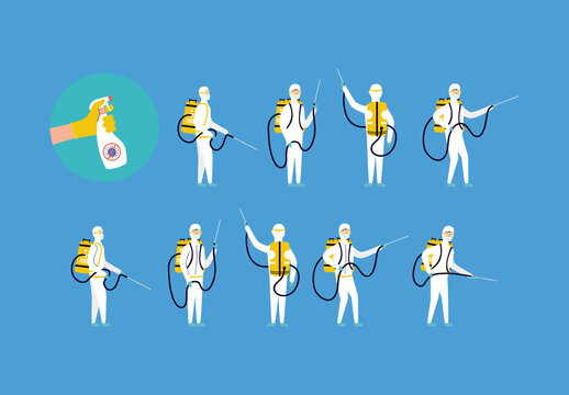 Colorful Disinfection Cleaning Sanitizer Worker Spraying Illustrations Set