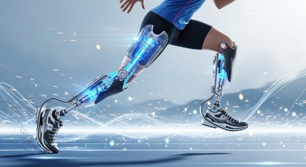 A person with robotic legs running on a track with glowing blue lights.