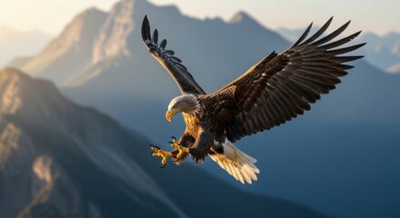 Majestic Bald Eagle Soaring Above Mountain Landscape with Wings Spread.