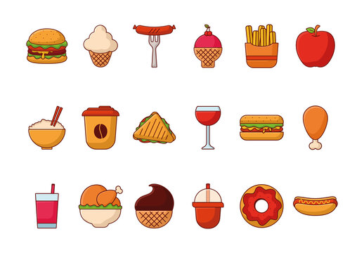 Colorful Fast Food Delicious Meat Traditional Illustrations Set