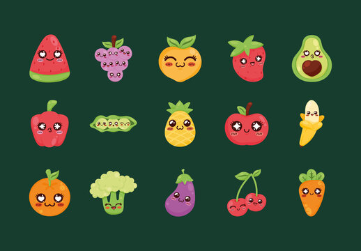Colorful Fruit Vegetable Kawaii Cute Character Illustrations Set