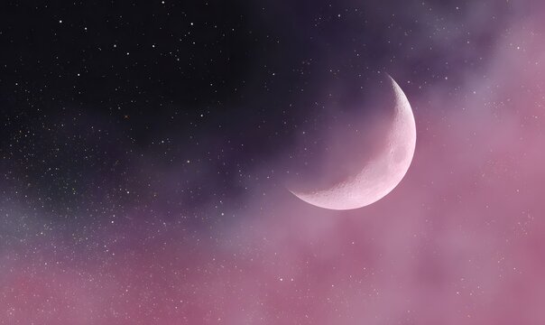 a large crescent moon on a starry background of near-black with a violet tint, accented with a soft pink-lavender glow - Powered by Adobe