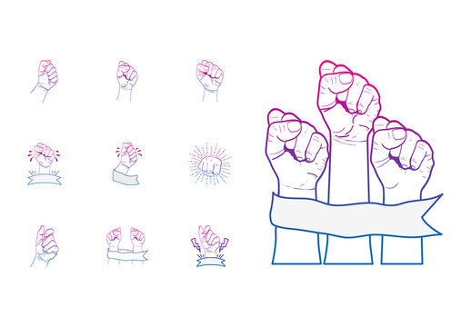Colorful Raised Fist Power Hand Revolution Icons Set